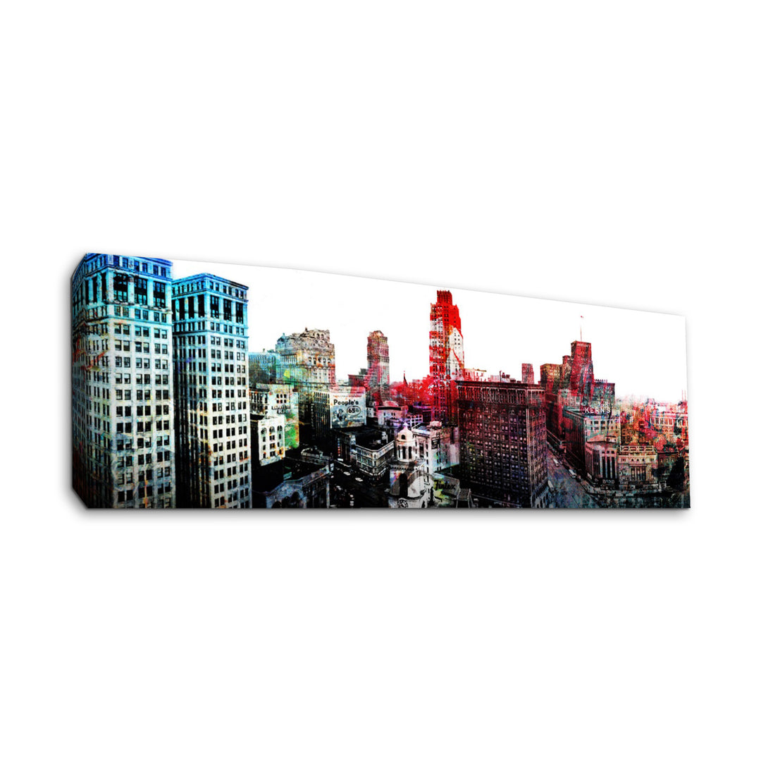 Gallery Wrapped Canvas- Graffiti Detroit Skyline- Downtown Detroit with the KernÕs and J.L. Hudson buildings down Woodward Avenue