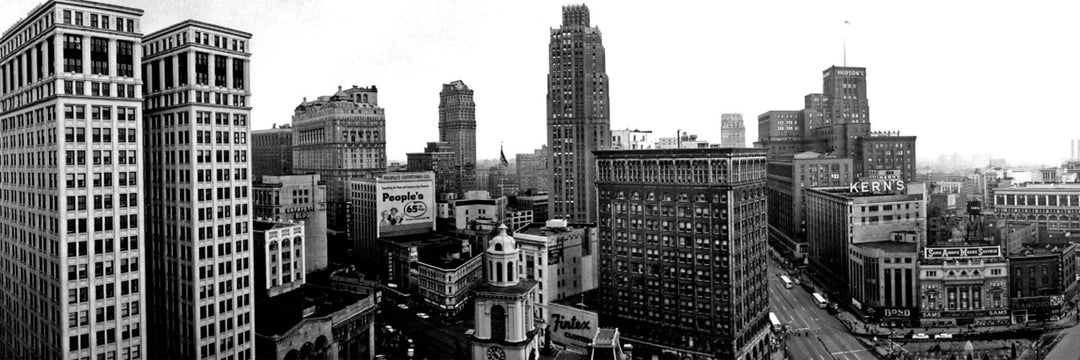 Detroit Skyline-  Downtown Detroit with the KernÕs and J.L. Hudson buildings down Woodward Avenue