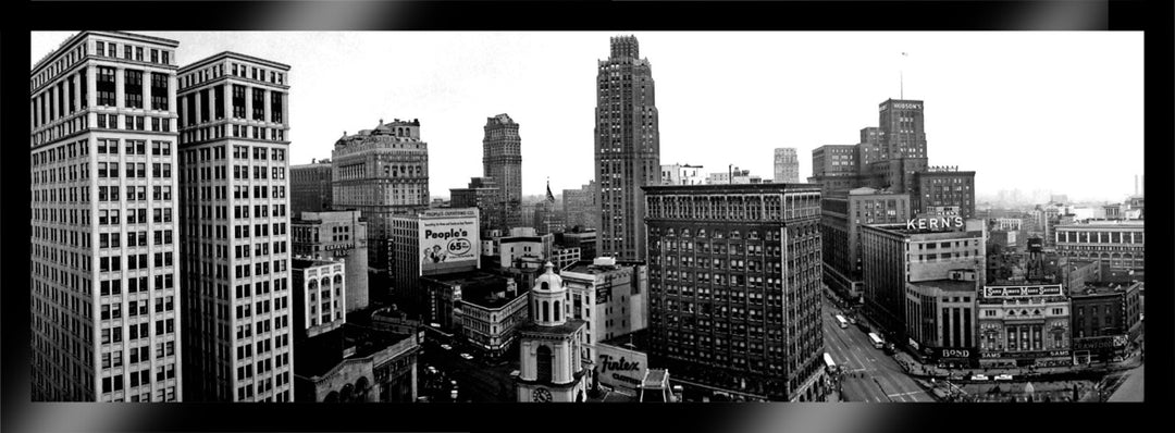 Framed- Detroit Skyline-  Downtown Detroit with the KernÕs and J.L. Hudson buildings down Woodward Avenue