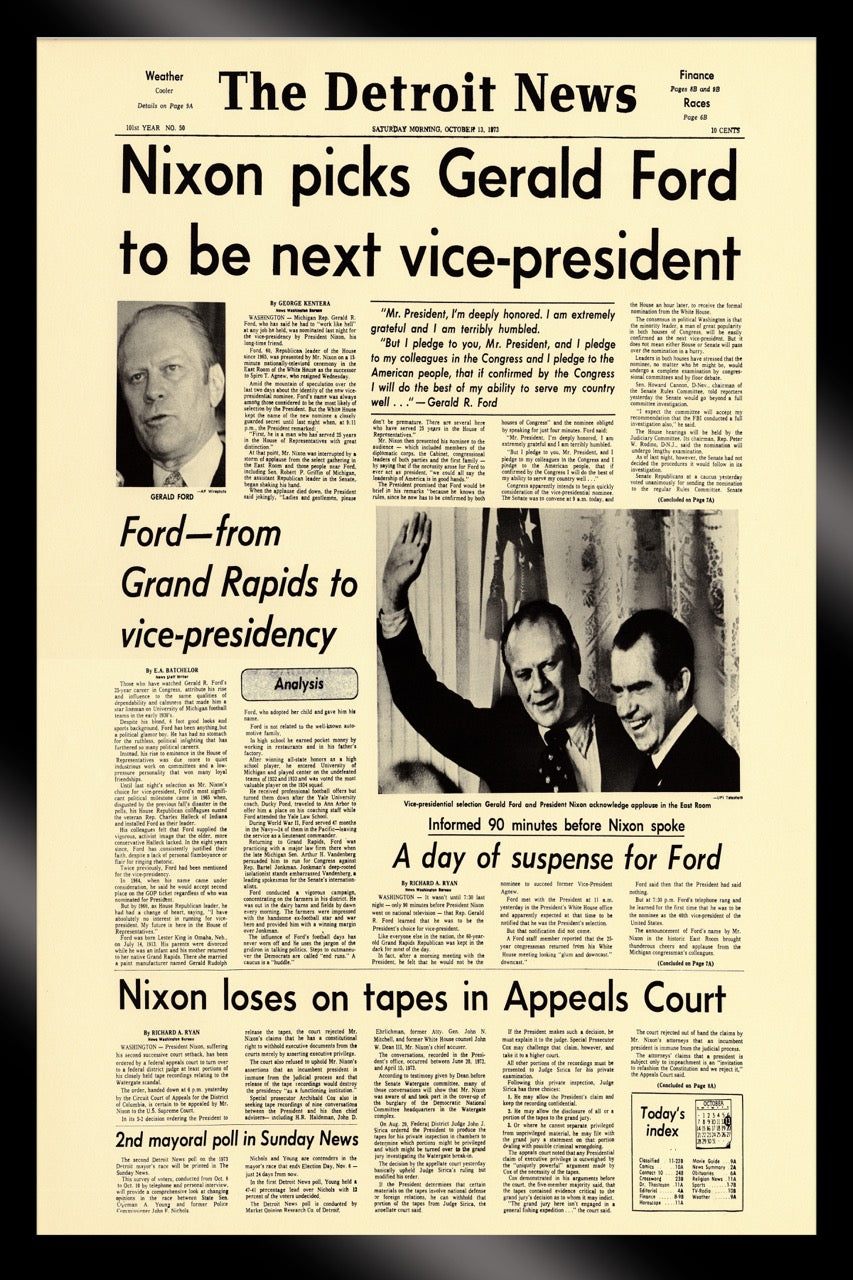 FRAMED- Front Pages- Nixon Picks Gerald Ford To Be Next Vice-President