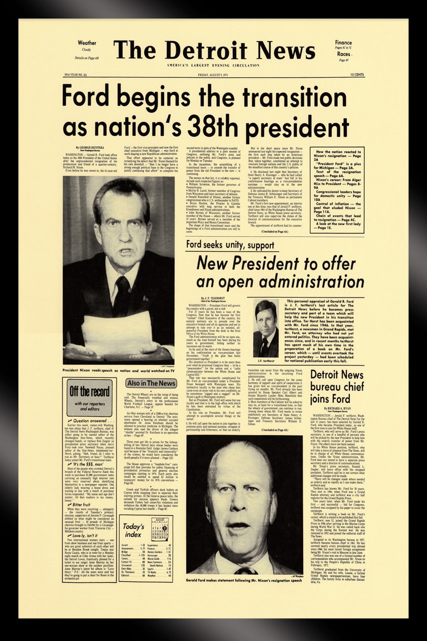 FRAMED- Front Pages- Ford Begins The Transition As Nation's 38th President