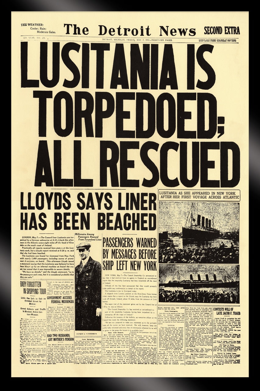 framed canvas-Front Pages-lusitania-is-torpedoed-all-rescued