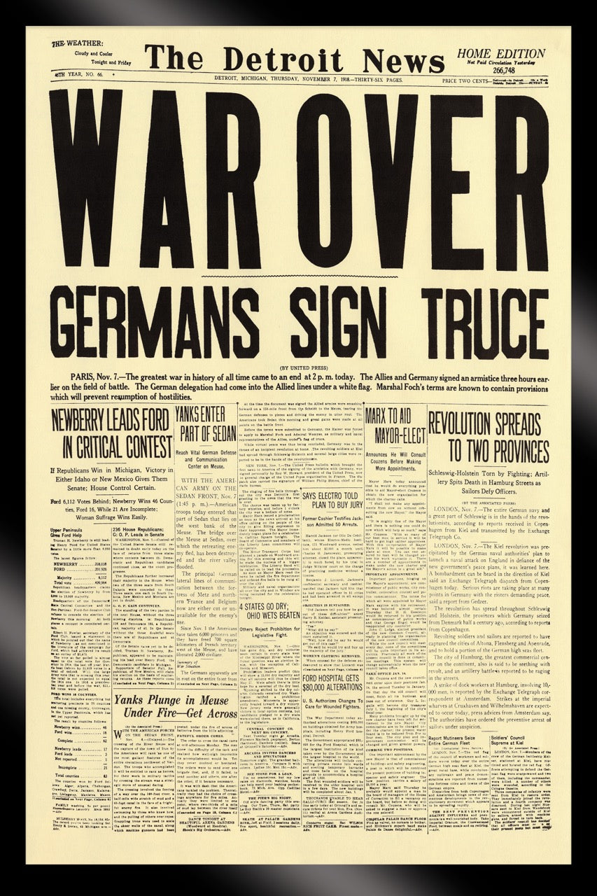 Framed- FRONT PAGES- War Over Germans Sign Truce