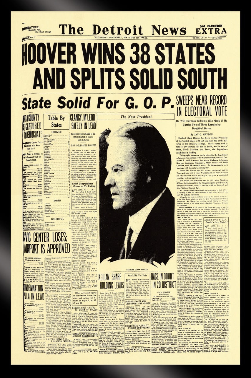 Framed- Front Pages- Hoover Wins 38 States & Splits The South