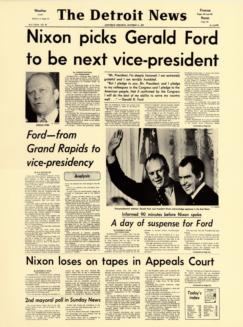 Front Pages- Nixon Pick Gerald Ford To Be Next Vice-President