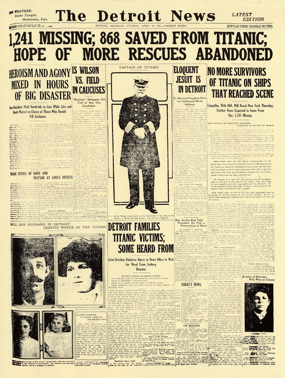 Front Pages- 1,241 Missing; 868 Saved Form Titanic; Hope Of More Rescues Abandoned