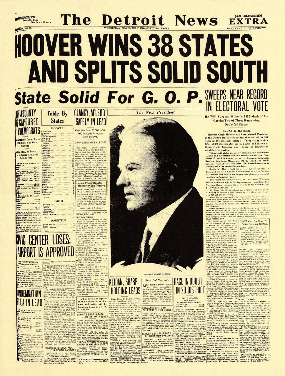Front Pages- Hoover Wins 38 States & Splits The South