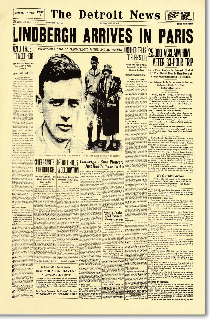 CANVAS Front Pages- Lindbergh Arrives In Paris