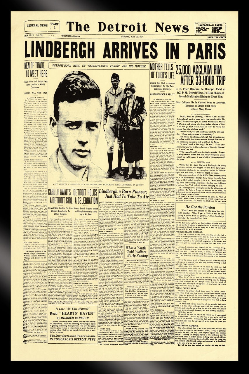 framed canvas- FRONT PAGES-lindbergh-arrives-in-paris